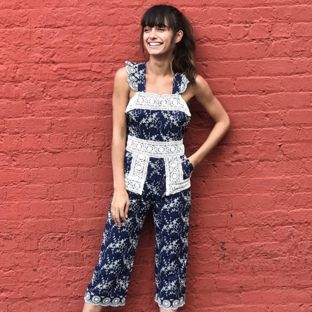 Nightcap Floral Cotton Eyelet Lace Overall Jumpsuit